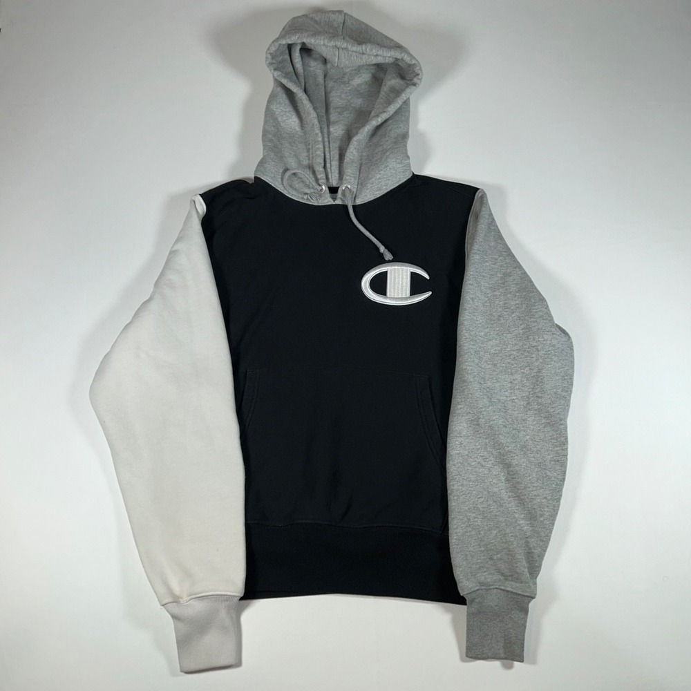 Champion Reverse Weave Men's Small Big C Logo Colorblock Hoodie Black Gray White